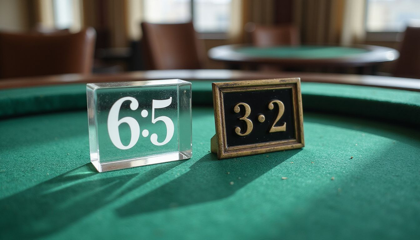 A close-up photo of a casino blackjack table with 6:5 and 3:2 payout signs.
