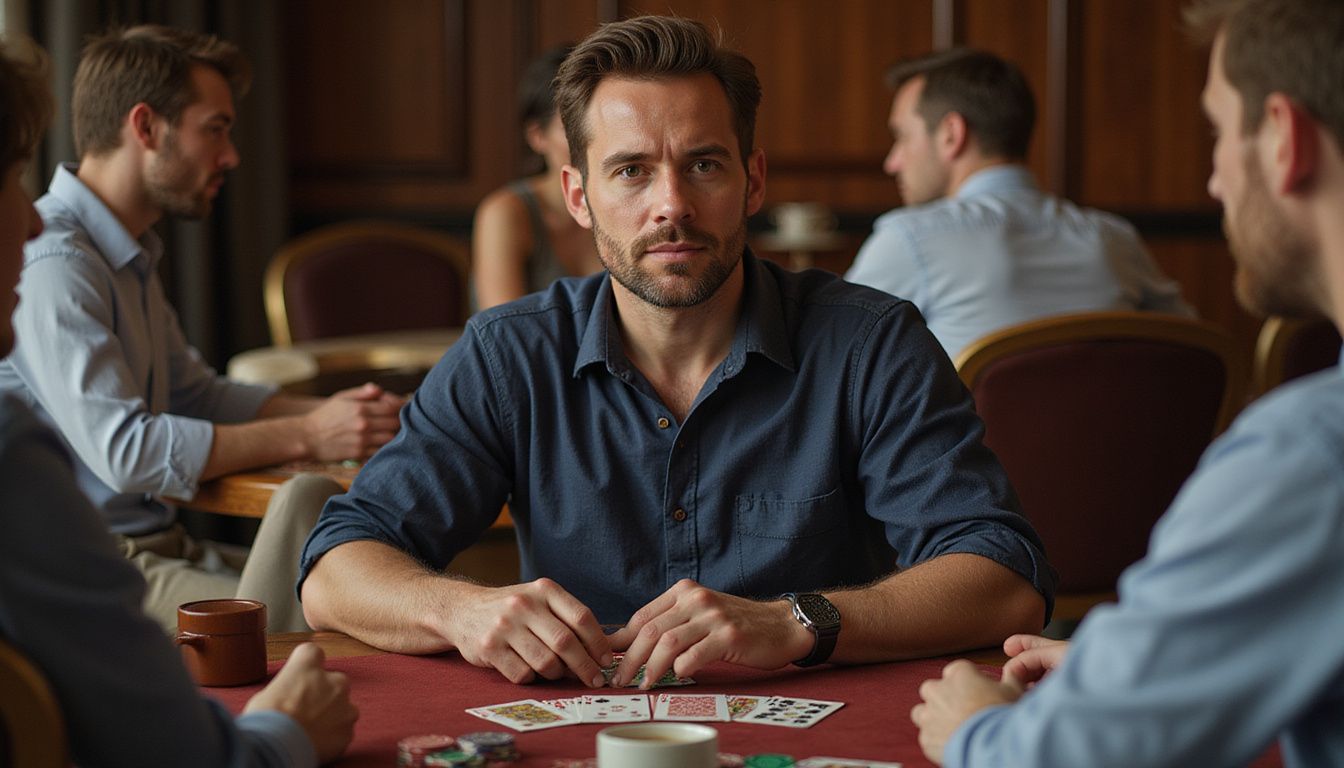 A man in his 40s seated at a blackjack table in a casino.