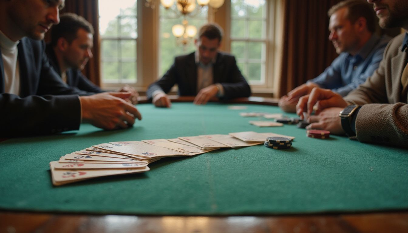 A high-stakes blackjack game in a casino, with tense players.