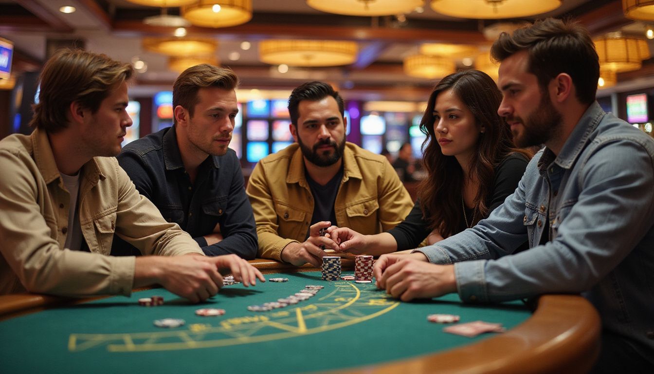A diverse group of players intensely focused on blackjack in a casino.