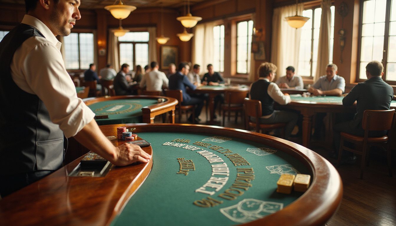 A sunlit casino room with varied blackjack tables and players.