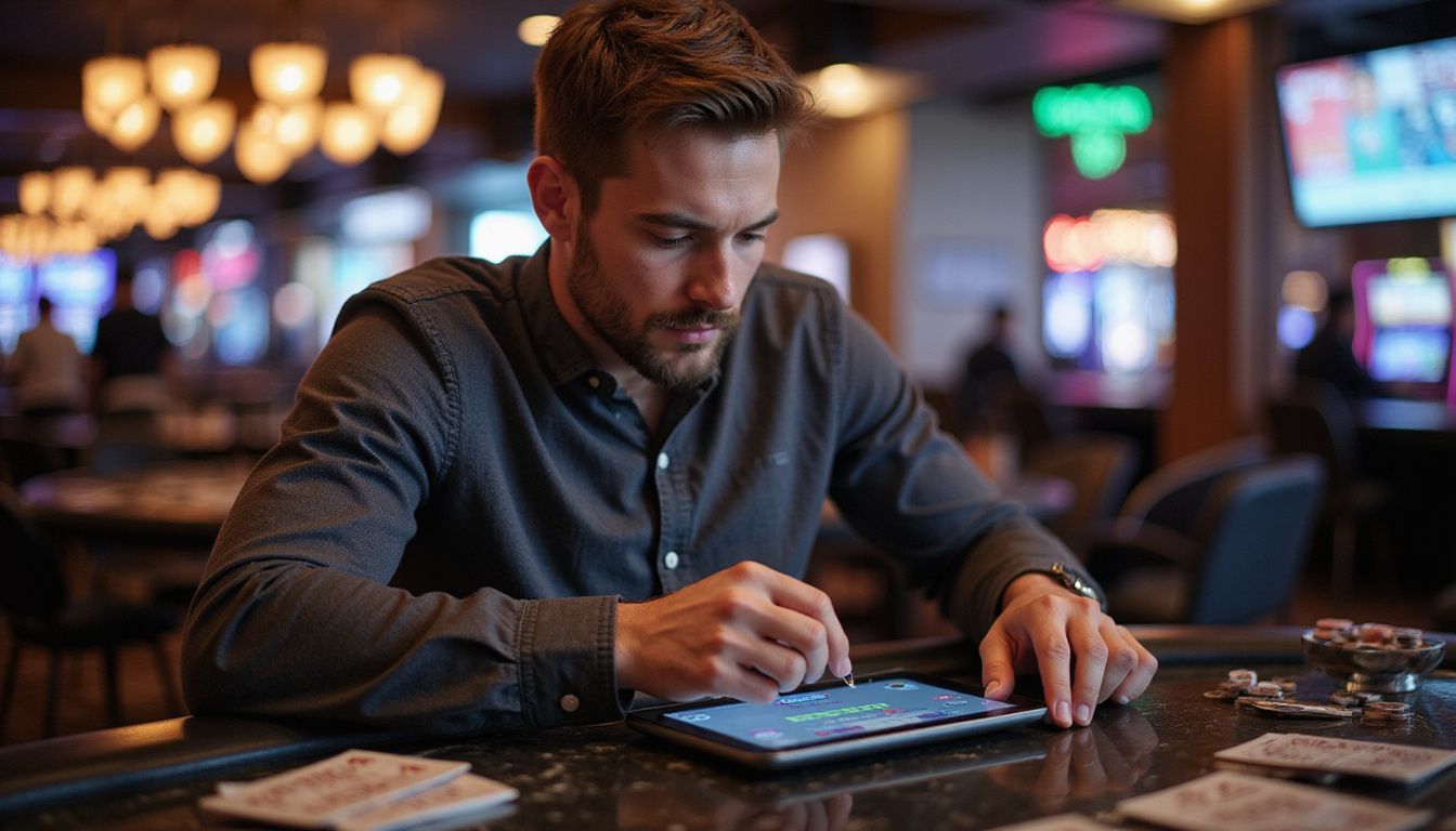 A man plays live blackjack on a tablet at a casino.