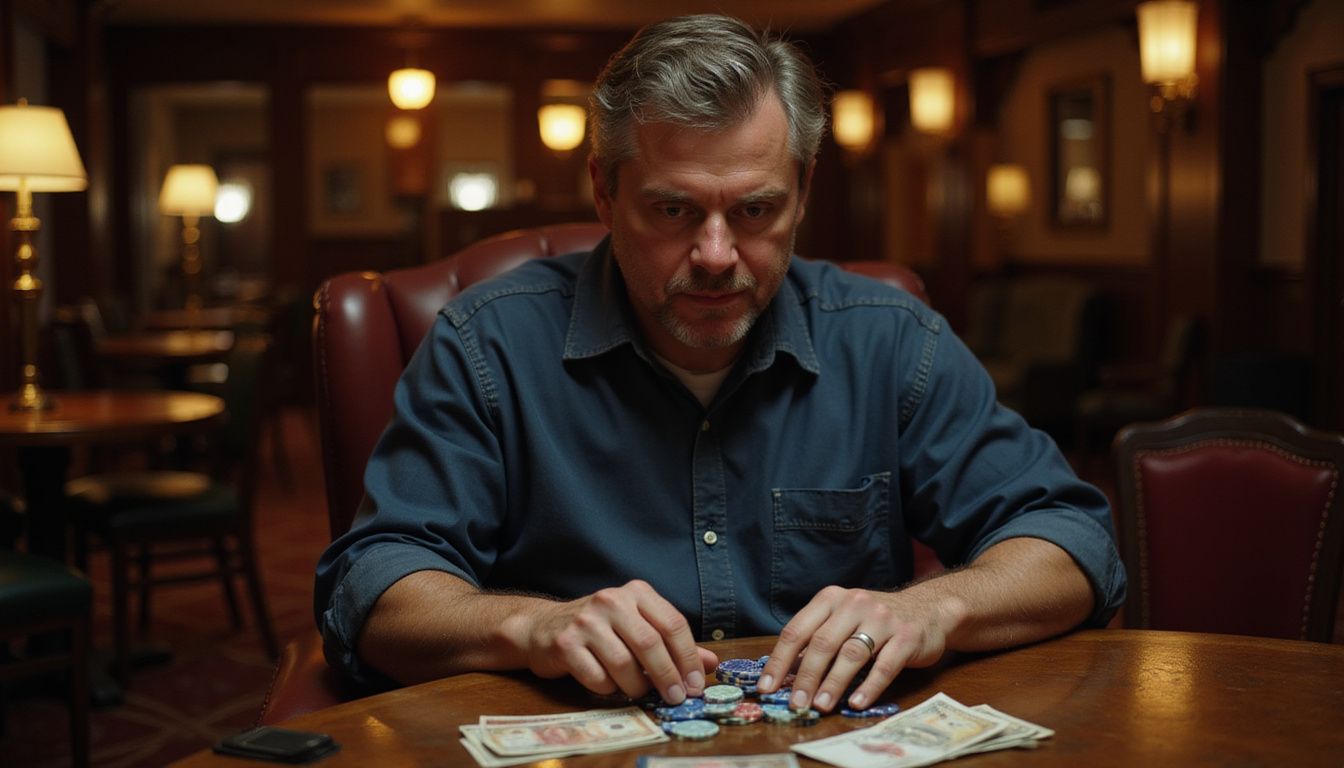 A man in his 40s counts poker chips and money in a casino.