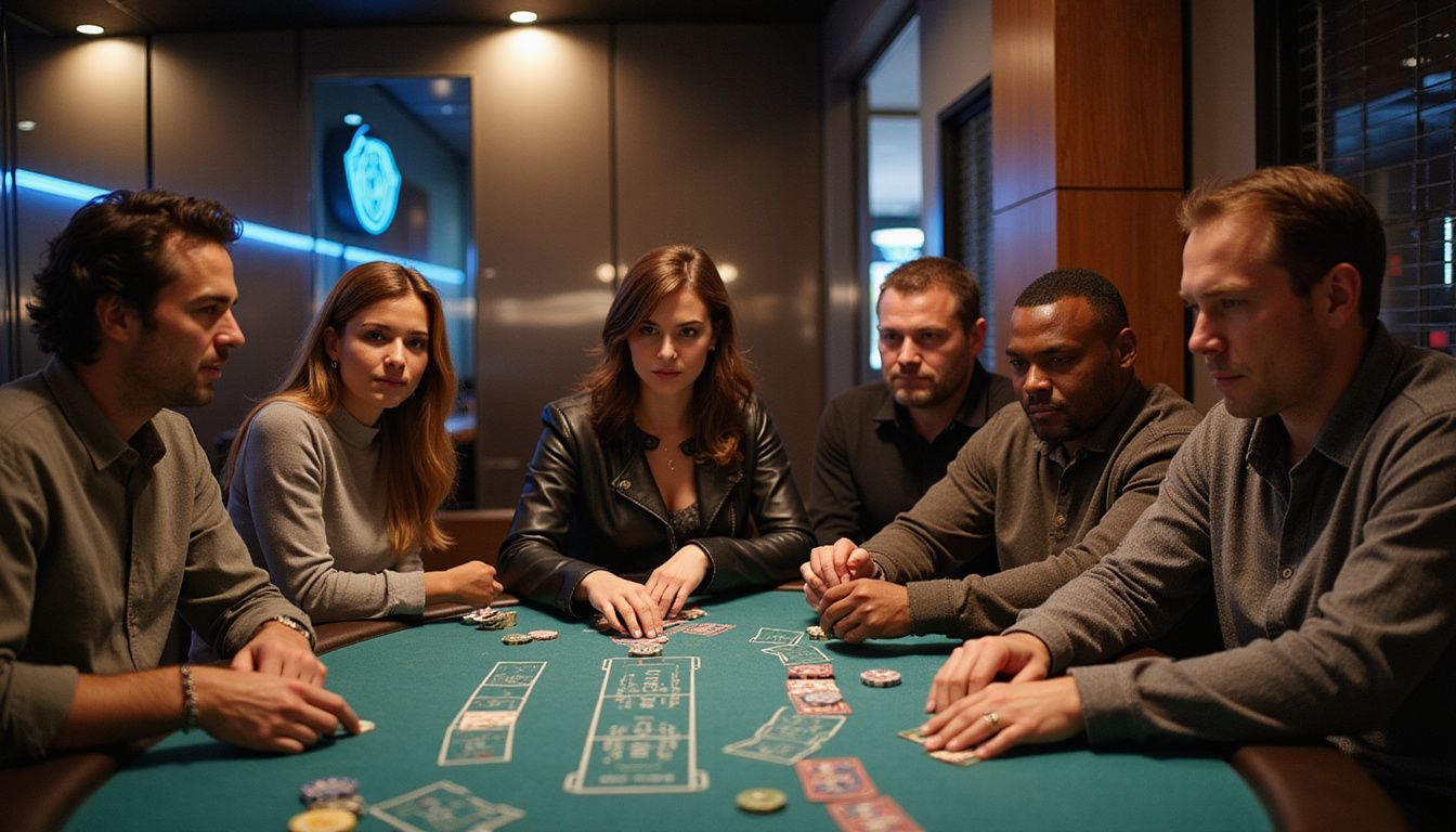 A group of adults play blackjack in a modern casino setting.