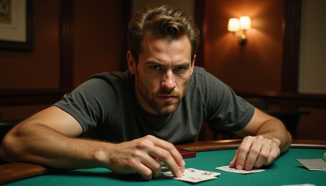 A man sitting at a blackjack table, focusing intently on the game.
