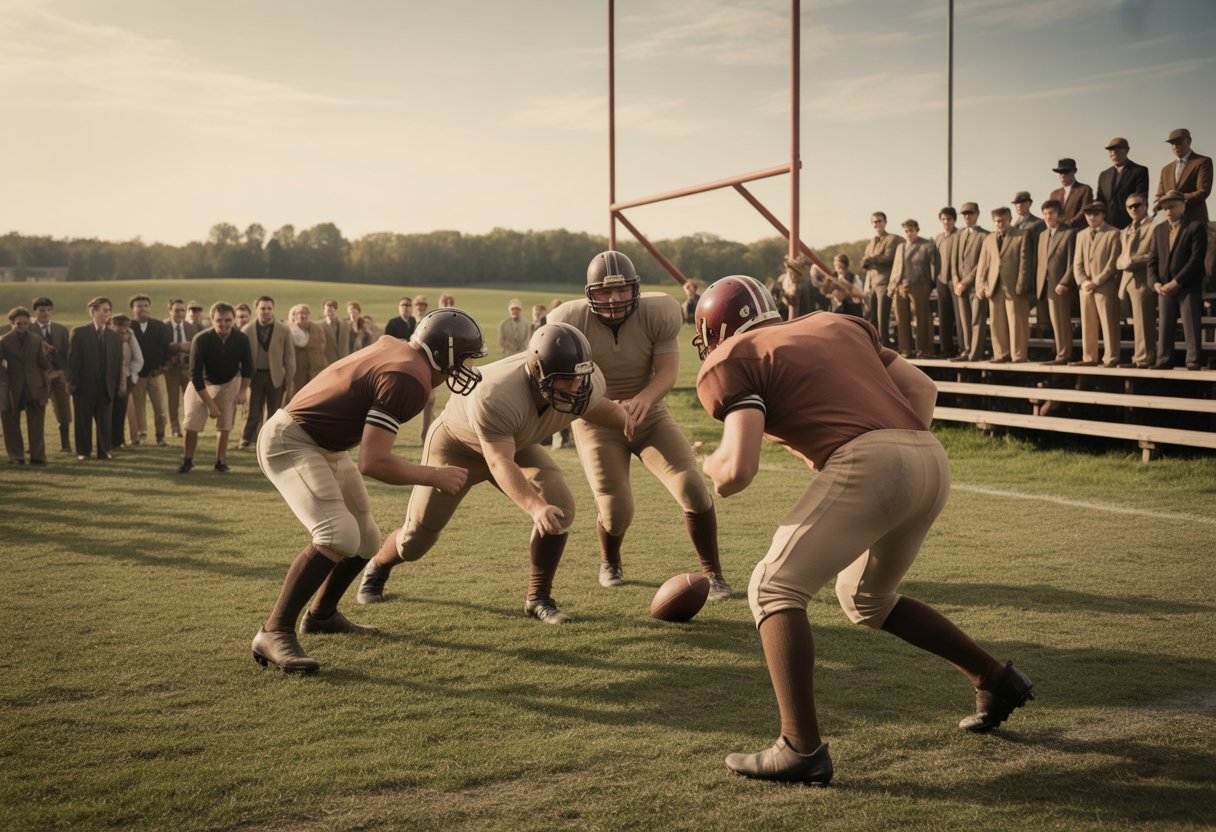 Vintage American football game with players in old leather helmets and early 20th-century uniforms playing on a grassy field with spectators watching from wooden bleachers.