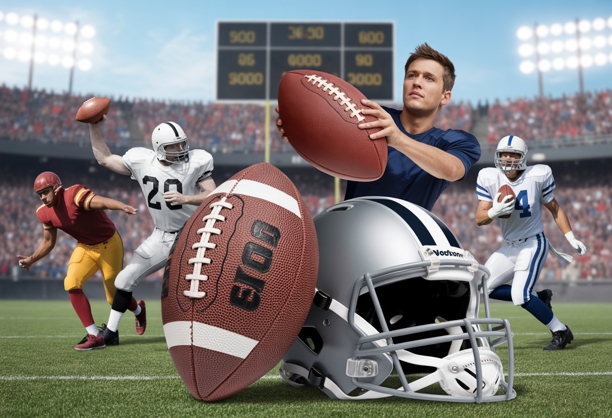 A collage showing vintage and modern American football equipment and players in action on a stadium field.