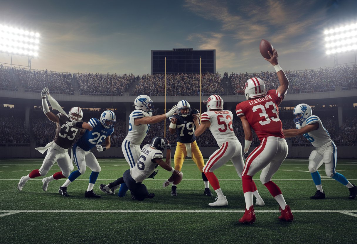 American football players in colorful uniforms engaged in a dramatic play on the field with a packed stadium and cheering fans in the background.